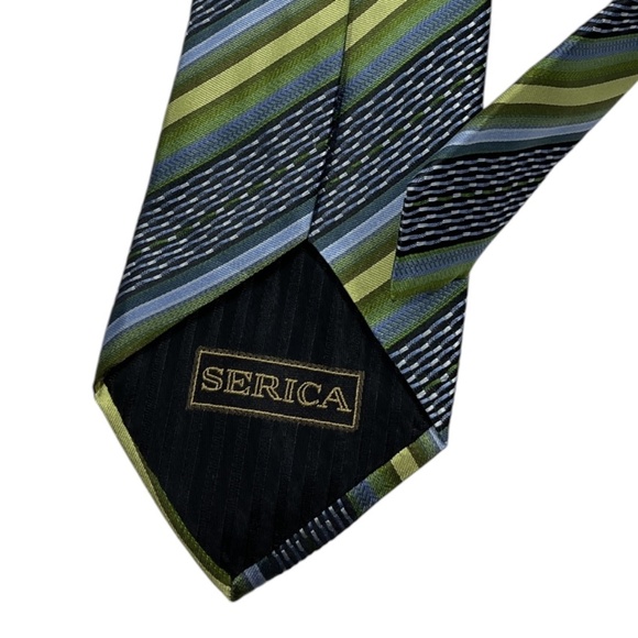 SERICA Blue/Green Striped Silk DESIGNER Tie HANDMADE ITALY - Picture 4 of 4